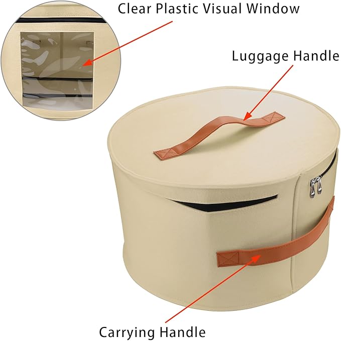 Large Hat Storage Box for Women & Men, 16" D x 10" H Hat Box Organizer，Foldable Round Travel Hat Boxes with Dustproof Lid, Stuffed Toy Storage Bin Bag (Milk Coffee)