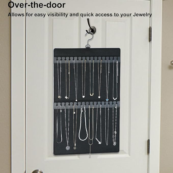 Dual Sided Hanging Jewelry Organizer with Hanger for Closet,Tangle Free Felt Necklace Earring Holder for 300 Earrings & 30 Necklaces Over Door University Dorm, Gift Ready Black (1 Pack)