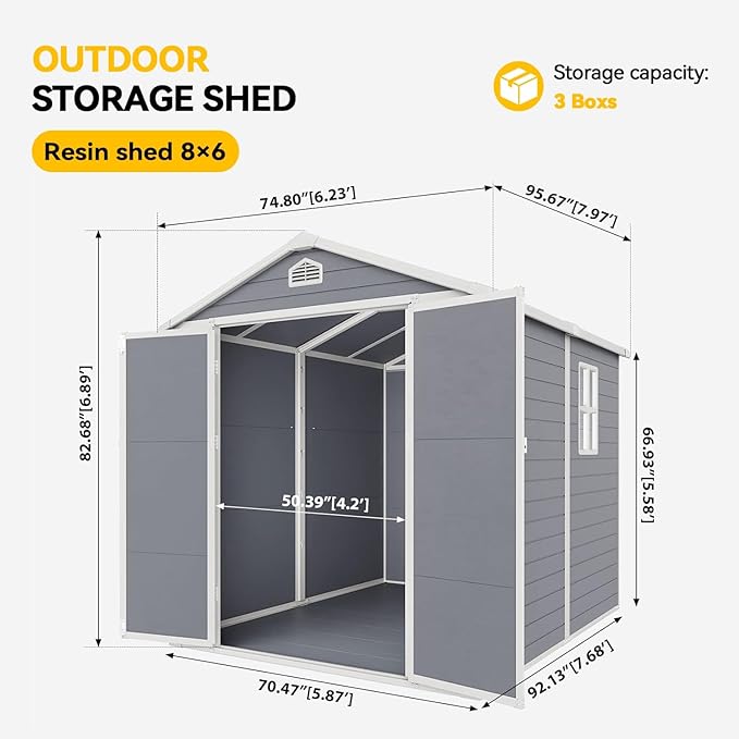 Aoxun 6x8 FT Outdoor Storage Shed, Plastic Garden Resin Shed with Floor and Window for Patio, Lawn, Outdoor Storage with Lockable Door for Bike, Garbage Can, Tools, Grey