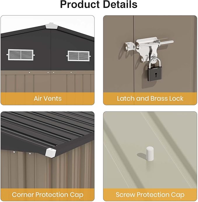 Patiowell 10x12 FT Storage Shed, Outdoor Metal Sheds with Lockable Door and Sloping Roof, Waterproof Outside Large Garden Tool Shed with Breathable Vents for Patio Lawn Backyard, Brown