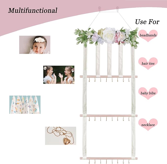 Headband Holder Bow Organizer for Girls, Hair Clips Bows Holder Baby Headbands Storage Personalized Hair Accessories Storage Organizer Wall Hanging Decor for Nursery Room Closet