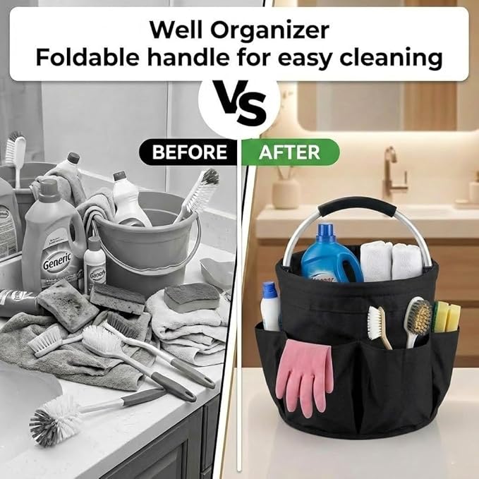 Multifunctional 17L Cleaning Caddy,Foldable 600D Organizer Bag with EVA Grip and 6 Pockets,Portable Storage Tote for Housekeeping,Car Detailing,Garden,Bathroom and Dorm (black)