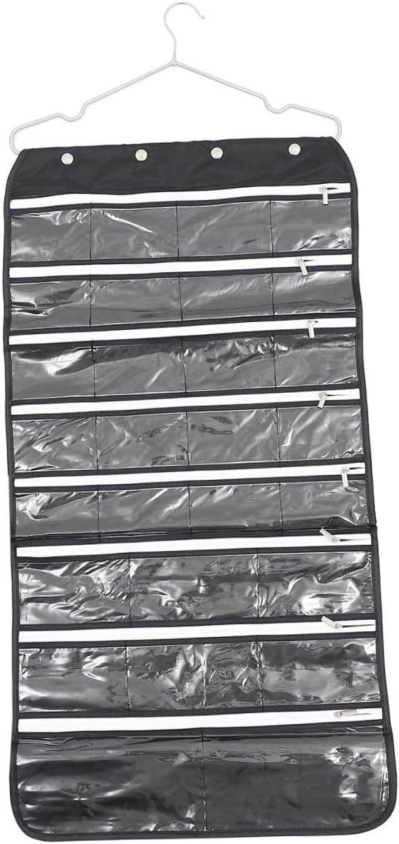 Luxshiny Double-side Zippered Jewelry Storage Bag 56 Compartments, Black Hanging Jewelry Organizer Pouch for Necklace and Card Display, Practical Travel Accessory Organizer