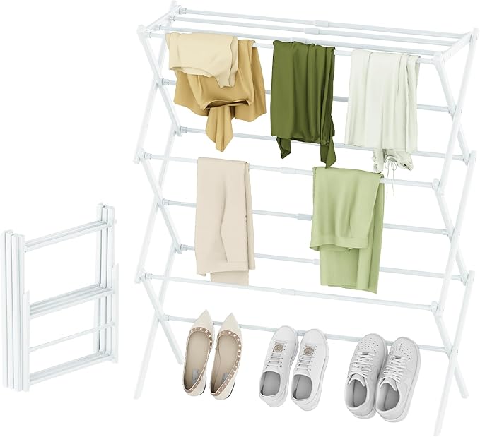 Foldable Drying Rack Clothing, 3-Tier Portable Clothes Drying Racks for Indoor & Outdoor, Anti-Rust Compact Laundry Rack Collapsible, White 28" D x 10" W x 35" H