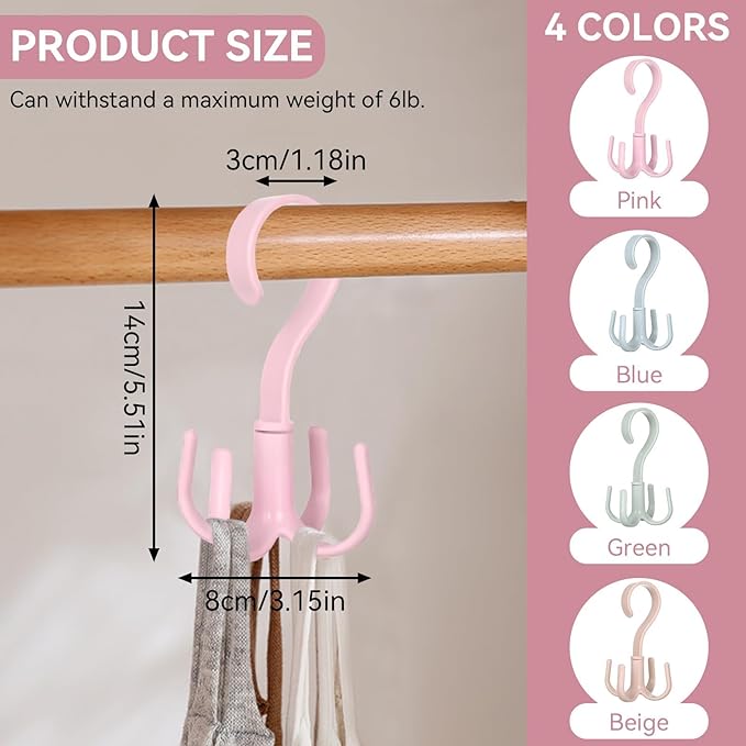 2PCS Rotating Handbag Hanger, 360 Degree Rotating Closet Organizers with 4 Claws, Scarf Tie Rack Hooks for Belts 4 Colors, Multifunctional Closet Handbag Hook Scarf Hanging Rack for Bedroom(Pink)