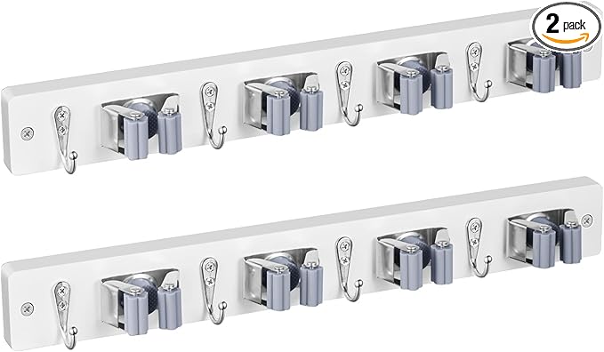 2 Pack Mop Broom Holder Wall Mount - White Wood Broom Mop Hanger - Wall Mounted Garden Tool Rack Organizer for Closet Garage Laundry Room, 4 Slots & 4 Hooks