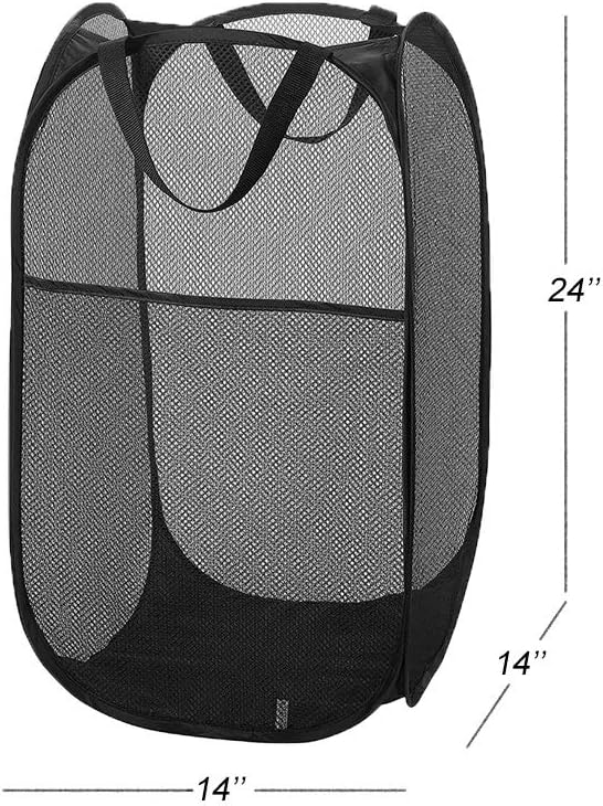 Larpur Popup Mesh Laundry Basket, Collapsible and Portable Clothes Washing Laundry Hamper with Reinforced Carry Handle (Black 2pcs)