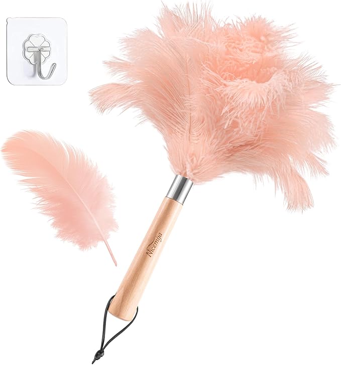 Pink Ostrich Feather Duster with Wooden Handle, 13.5 inch Natural Fluffy Cleaning Tool for Dusting Home, Car, Delicate Surfaces, Reusable Decorative Duster for Ledges, Blinds & Valentines Home Decor