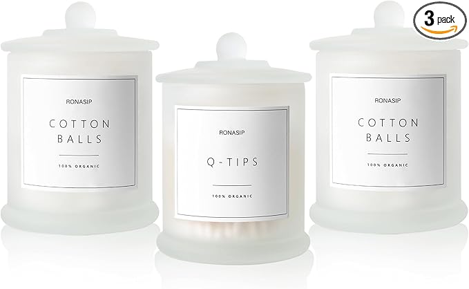 3 Pack Qtip Holder Dispenser, 16oz Bathroom Organizer and Storage Canisters, Glass Apothecary Jars with Lid - Home Decor, Room Decor Aesthetic (Frosted White)