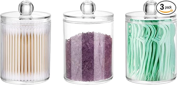 3 Pack Qtip Holder Storage Canister for Cotton Ball, Cotton Swab, Pads, Floss; 10-Ounce Clear Plastic Apothecary Jar with Lid, Bathroom Makeup Organizer (3)