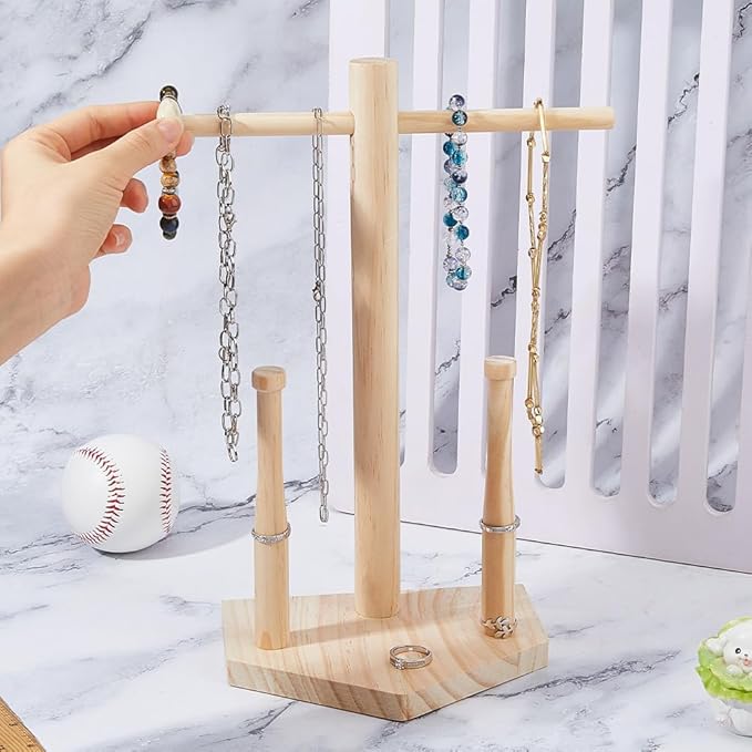 DICOSMETIC Wood Drip Necklace Organizer Holder Wooden Baseball Jewelry Holder Championship Stacked Ring Display Wooden Jewelry Storage Organizer Baseball Theme Gifts, PapayaWhip