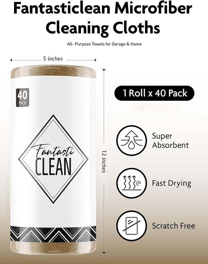 Fantasticlean Microfiber Cleaning Cloth Roll -40 Pack, Tear Away Microfiber Towels, 12" x 12", Reusable, Washable, Scratch Free, Ultra Absorbent for All-Around Cleaning Supplies (TAN)