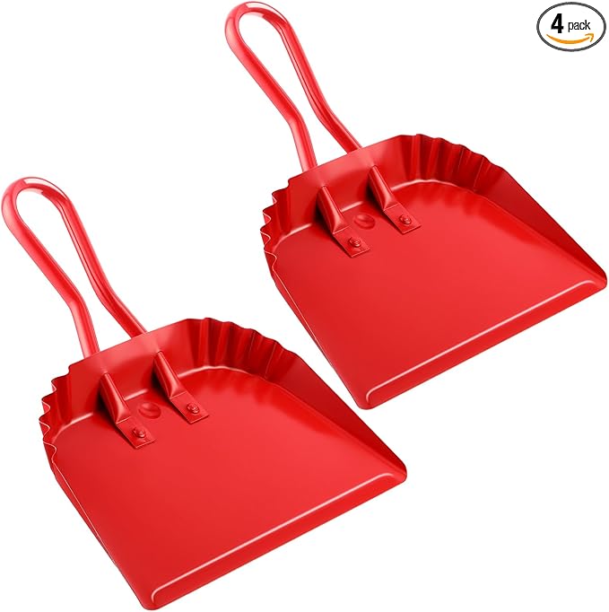 Mumufy 4 Pack 12 inch Heavy Duty Metal Dustpan Large Wide Dust Pans for Household Handheld Wide Scooper and Debris Cleaning Tool Ideal for Home and Commercial Use(Red)
