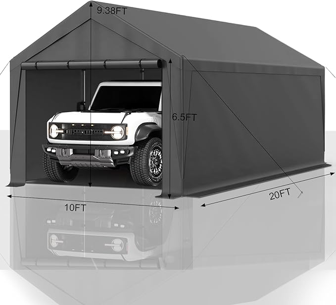 Carport 10x20 Ft Heavy Duty Canopy Steel Canopy Storage Shed,Portable Garage Party Tent,Portable Garage with Removable Sidewalls & Doors All-Season Tarp for Carport (Grey)