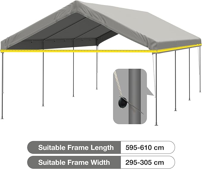 10x20 FT Carport Replacement Canopy Top Upgraded Car Port Canopy Cover for Carport Party Tent Waterproof & UV Protected, Easy Installation with Ball Bungees, Grey (Top Cover Only, Frame Not Included)