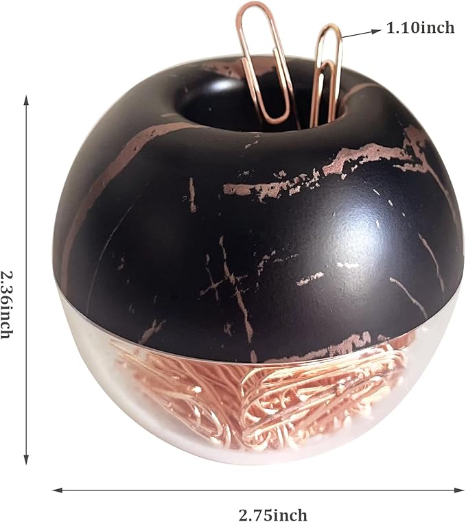 Magnetic Paper Clip Holder, Black Marble Holder with Rose Gold PaperClips 100pcs 28mm(1.1") Cute Office Supplies for Desk Organizer