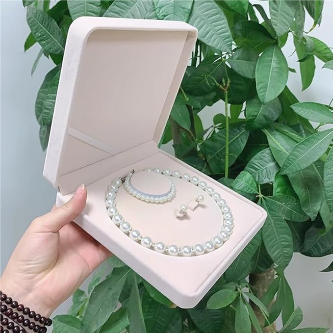 Jewelry Velvet Box Pearl Necklace Earring Bracelet Gift Display Case Wedding Jewelry Storage Holder (Beige For Pearl Necklace Earrings Bracelet)