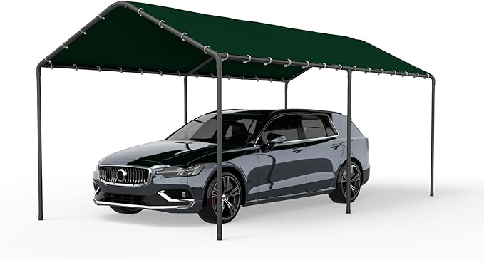 Carport, 10‘ x 20’ Heavy Duty Portable Garage All-Season Car Canopy, Outdoor Garage Boat Shelter Carport Canopy Party Tent w/Water-Resistant Tarp for Backyard (Green, 10' x 20' /no Side)