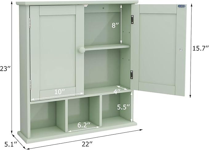 TaoHFE Green Bathroom Cabinet,Bathroom Wall Cabinet with 2 Door Adjustable Shelves,Over The Toilet Storage Cabinet,Green Bath Room Cabinet Wall Mounted,Medicine Cabinets for Laundry Kitchen
