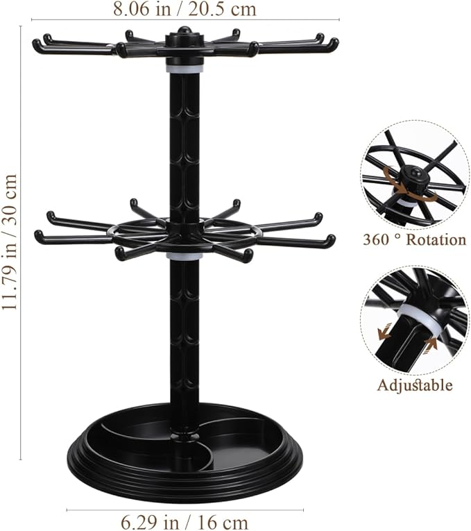 FRCOLOR Rotating Hanger Storage Stand with 16 Hooks for Keychains Bracelets Hair Ties Small Accessories Organizer Desktop Display Rack 8X12X8 Inches