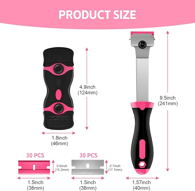 3 Pack Razor Blade Scraper Set, Includes 30 Plastic & 30 Metal Blades, Multi-Purpose Tool for Glass, Cooktop, Sticker Removal, Paint & Gum Cleaning (Pink)