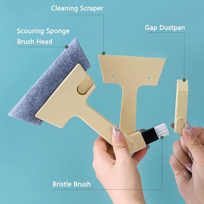 Window Track Cleaner Tool, 4Pcs 4-in-1 Groove Cleaning Brush (with Bristle Brush, Gap Dustpan, Scraper), Washable Cleaning Gadgets for Sliding Door, Sill, Car Vents (Blue + Yellow + 2Gray)