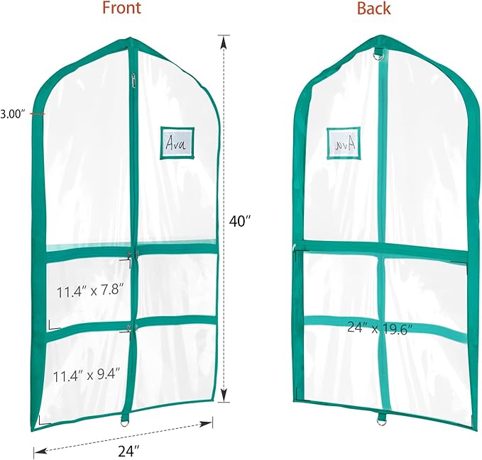 Univivi PVC Dance Costume Bags (3 Pack) Garment Bag 40 Inch for Dance Competitions, with 4 Medium Clear Zipper Pockets and 1 Large Back Zippered Pocket - Clear Blue Green