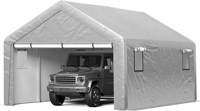 Carport 13x21 FT Enclosed Carport with Roll-up Windows, Portable Garage with Removable Sidewalls & Doors, Car Canopy Tent with Sandbags All-Season Tarp for Car Boat Truck Motorcycle