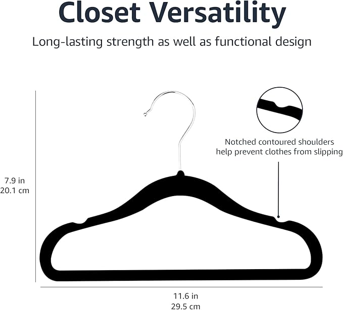 Amazon Basics Kids Velvet,Non-Slip Clothes Hangers for Infant and Toddler,11.6 in (for Baby Clothes),Black,50 Count (Pack of 4)