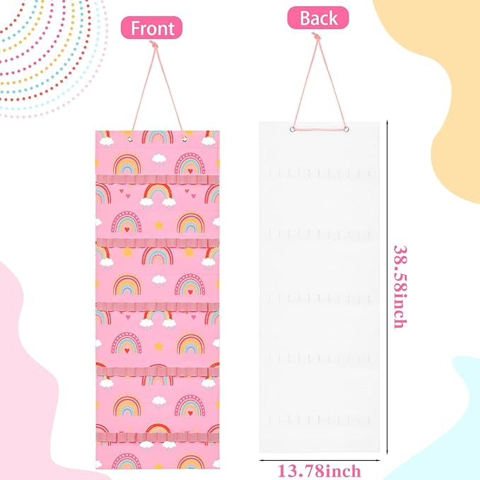 Tudomro Hanging Headband Holder for Girls Felt Hair Accessories Organizer with 60 Elastic Bands Bow Hanger for Girls Hair Bows Without Headbands(Rainbow,Pink)