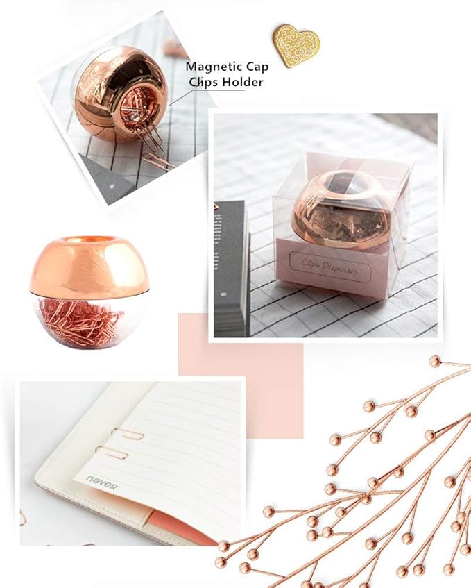 Rose Gold Magnetic Paper Clip Dispenser with 100pcs 1.1" Medium Paper Clips, Acrylic Holder for Office Decor