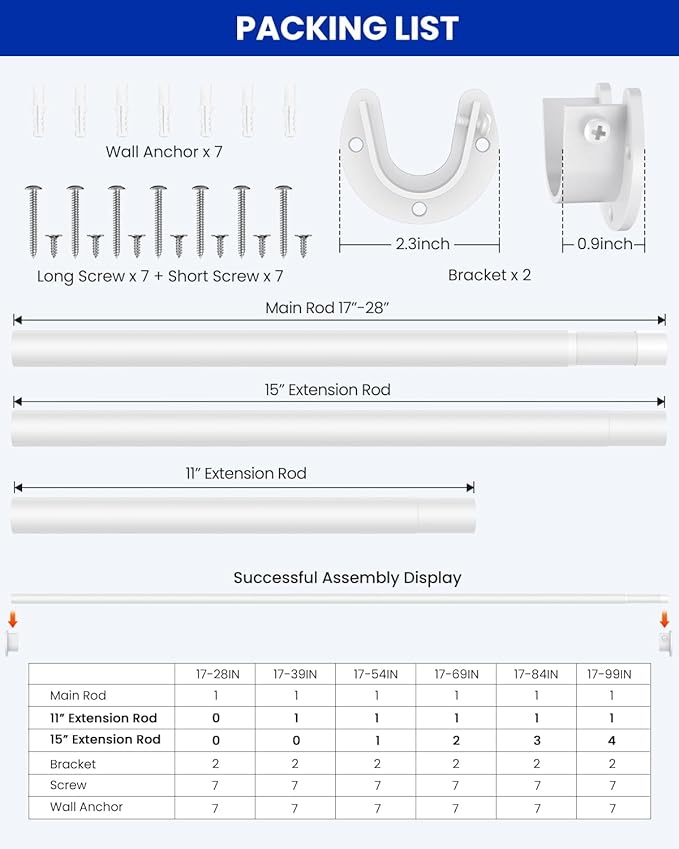 Closet Rods for Hanging Clothes, 17 to 159 Inches Stepless Adjustable Metal Closet Rod, 1.3 Inches Heavy Duty Clothes Hanging Rod for Closet Wardrobes Laundry RV, White