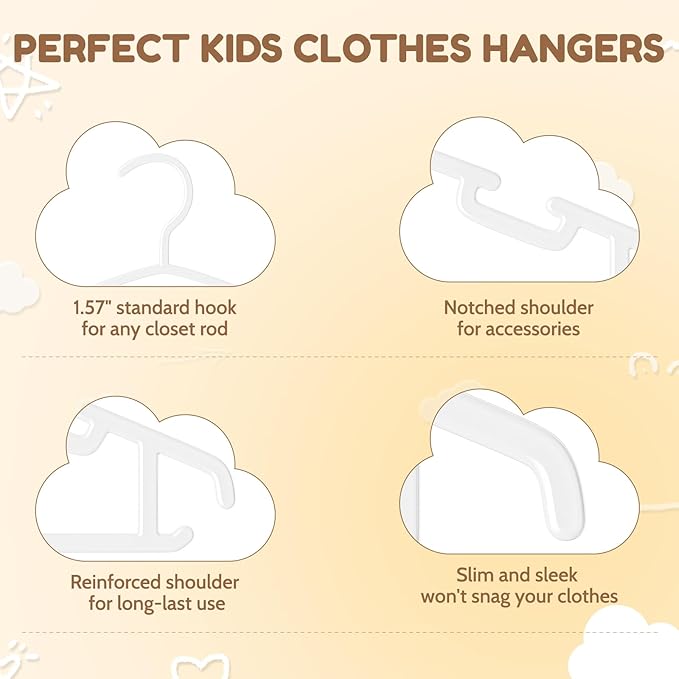 Kids Plastic Hangers, Baby Clothes Hangers for Closet 100 Packs Non-Slip Toddler Hangers for Infant Child Clothing, Small Children, for Pants Coats Skirts (White)
