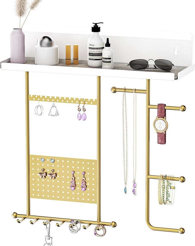 Wall Mounted Jewelry Organizer with Shelf: Metal Display Stand with Velvet Pad, Multi-Layer Necklace Hanging Rack for Bedroom Bathroom Space Saving No-Drill Wall Decor