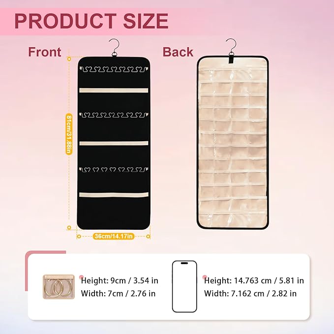 LAKSMI 2 PCS Double-Sided 360° Rotating Earring Organizer Hanging with Necklace Storage, 48 Pockets & 21 Hooks for Door Closet Wall