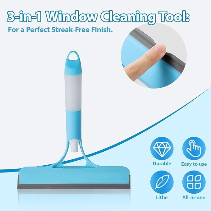 3 in 1 Window Cleaning Scraper Shower Squeegee for Glass Doors Mirror with Sprayer Squiggy for Windshield Cleaner Tool Washing Spray Home Floor Scraper(Blue)