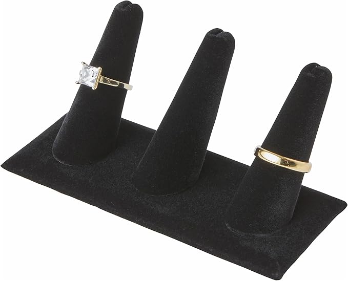 Plymor Black Velvet Ring Finger Display, Three on Rectangular Base, 4.875" W x 2.25" D x 2" H (Pack of 3)