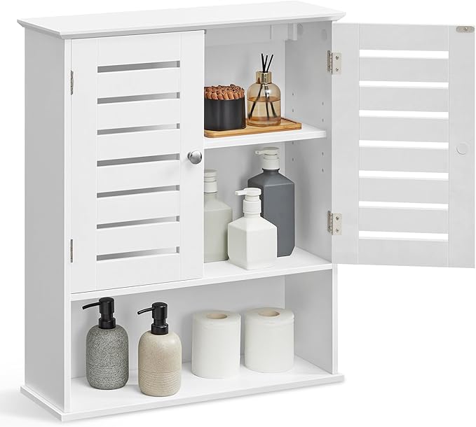 VASAGLE Bathroom Wall Cabinet, Medicine Cabinet, Wall-Mounted Bathroom Storage Cabinet, with Adjustable Shelf, Double Slat Doors and Open Shelf, 7.9 x 23.6 x 27.6 Inches, Cloud White UBBK028W01