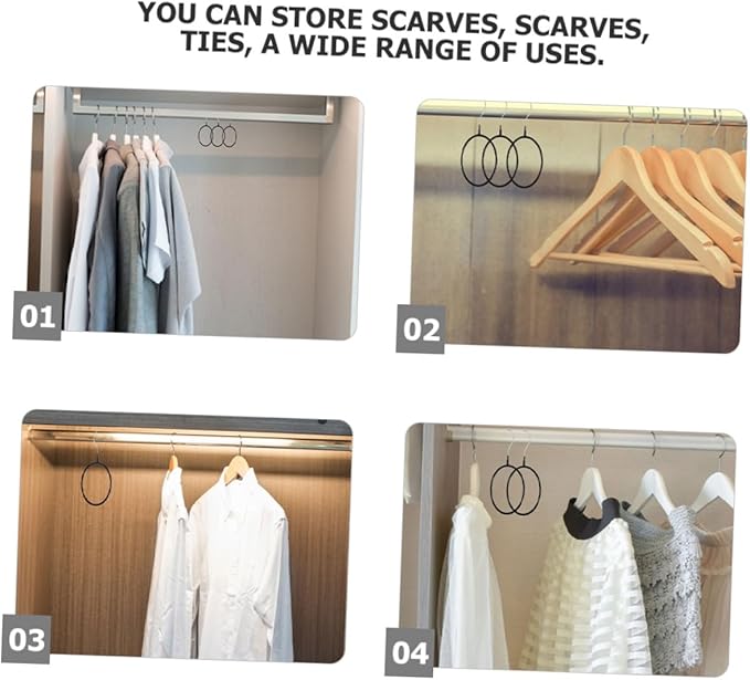 10pcs Heavy-Duty Scarf Organizer Rings with Hook, Black Plastic-Coated Iron Scarf Hangers for Closet Necktie and Belt Storage, Space-Saving Accessory Organizer for Home Use
