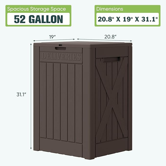 Greesum 52 Gallon Large Outdoor Package Delivery Box for Porch, Lockable Secure Double-Wall Resin Storage Box, Waterproof Deck Box for Package Protection, Brown