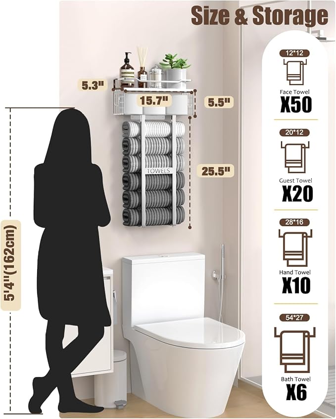Towel Racks for Bathroom - Wall Mounted Metal Rack with Wood Plank, Bathroom Storage Organizer, Towel Holder Stores 6 Large Rolled Towels Easily, Silver with White Plank