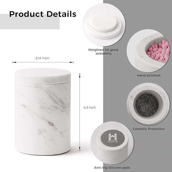 WORHE Marble Canister with Lid Natural Qtip Holder for Cotton Swabs, Balls, Pads, Floss Picks, Bath Salts - Vanity Makeup Storage Organizer Bathroom Essentials Accessories Decor White (DL011)