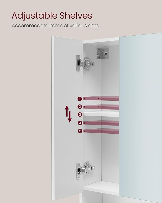 VASAGLE KAILYN Collection - Medicine Cabinet Mirror, Bathroom Wall Mirror Cabinet with Storage, Open Compartment, Adjustable Shelves, 6.5 x 27.6 x 29.5 Inches, Cloud White UBBK129W01
