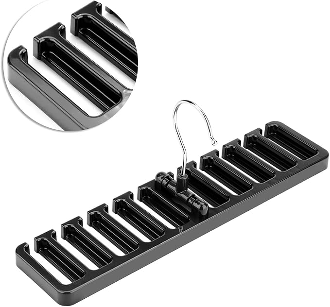 10 Slot Tie Belt Scarf Rack Organizer Sturdy Plastic Closet Wardrobe Space Saver Multifunctional Rotating Hanger for Ties Belts Scarves Accessories Black Brown Beige 30.5 x 7.3 x (Black)