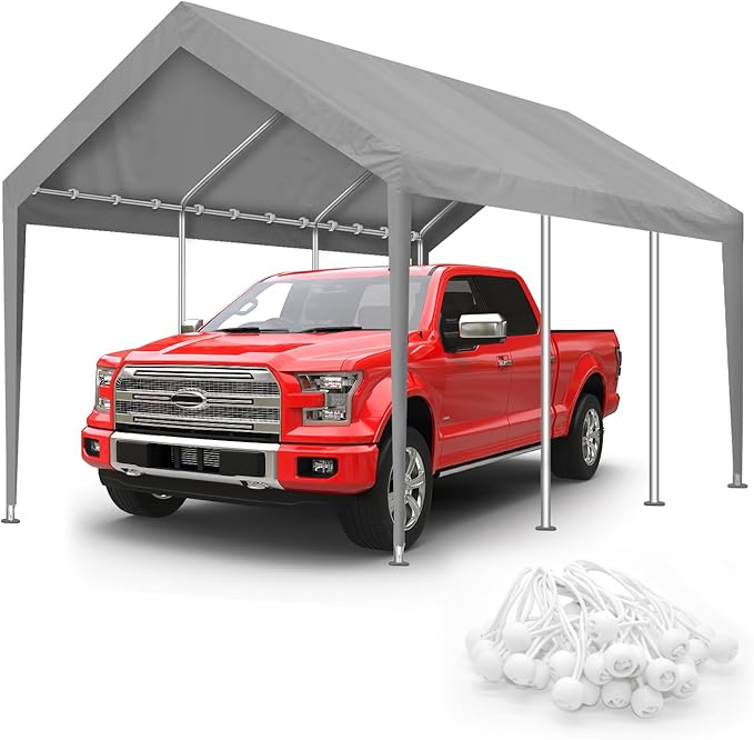 10x20FT Carport Canopy Replacement Cover Heavy Duty Waterproof & UV Protected, All Weather Car Shade Canopy with Ball Bungees (Grey, 10'x20', Frame is not Included)