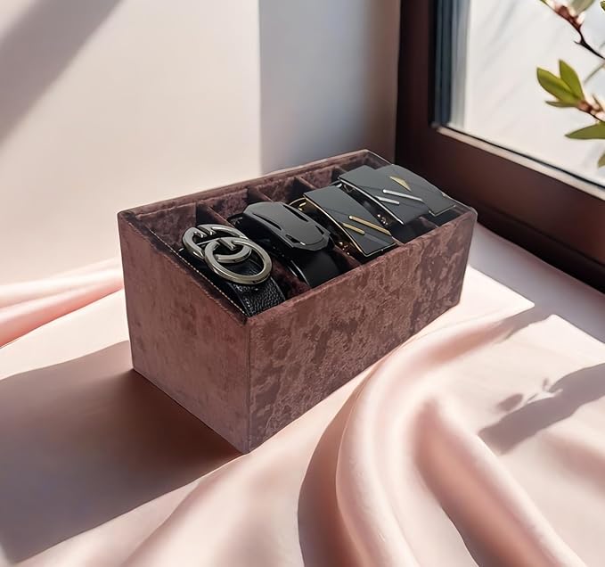 AgentMoon Luxury Velour Ties Storage Organizer with 6 Compartments,Dresser Drawer Wardrobe Storage Box for Headscarf and Belts,Bras, Bow Ties,Ribbons.12 x 8 x 3 inches. (Brown)