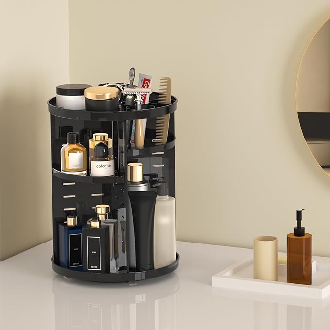 Rotating Makeup Organizer for Vanity, 360 Spinning Skincare Organizers with Adjustable Trays, Make Up Desk Storage Carousel Rack, Cosmetic Display Cases for Dresser Bathroom Countertop