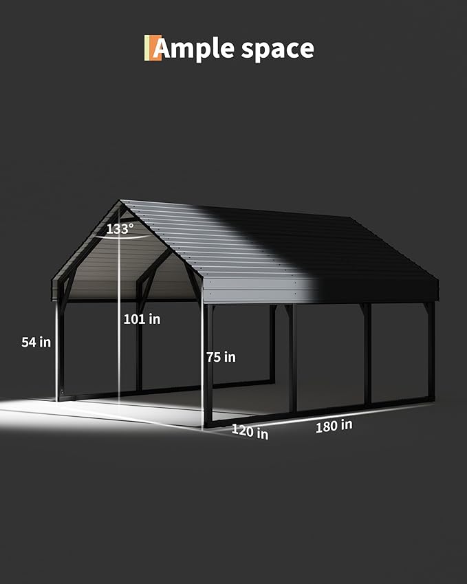 GarveeLife 10x15 FT Metal Carport Kits, Reinforced Frame and Steel Roof for All-Weather Use, Permanent Shelter for Bass Boats, Sedans, and Tractors, Gray
