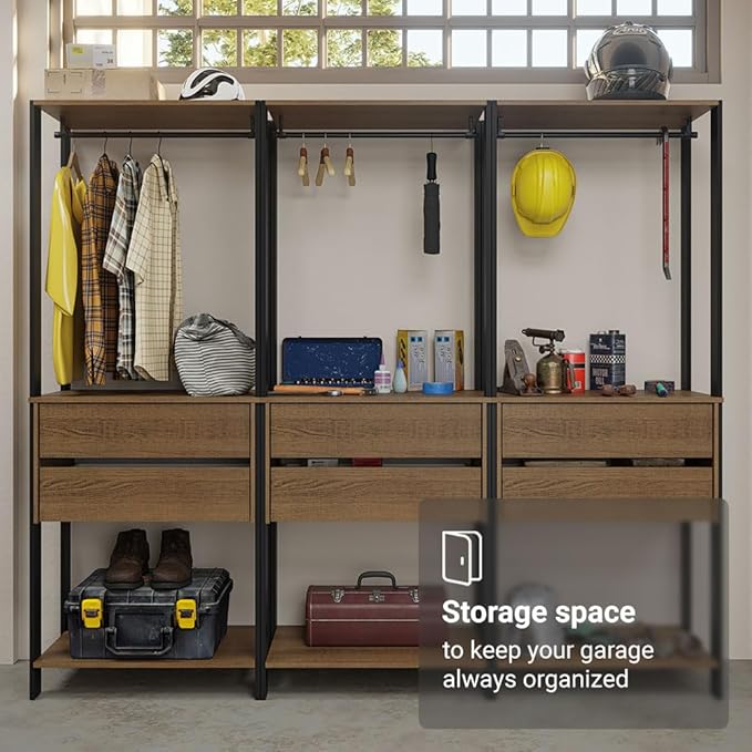 Madesa Garage Storage Rack with 6 Drawers and Hanging Spaces 82" L Multiuse Modular Organization Cabinet for Tools (BLACK/BROWN)