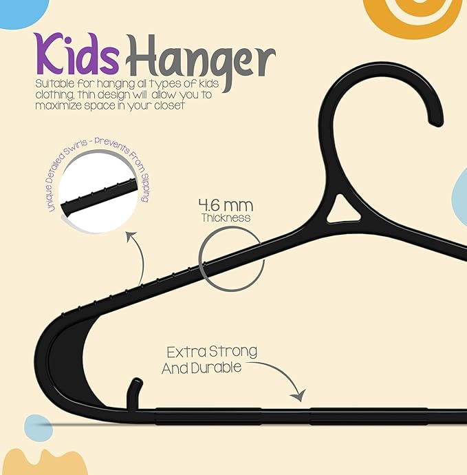 Utopia Home Kids Hangers 60 Pack - 11 Inch Plastic Baby Hangers for Closet - Childrens Hanger for Clothes & Infant Hanger for Closet - Non-Slip Shoulder Grooves, Strap Hooks & Pants Bar (Black)